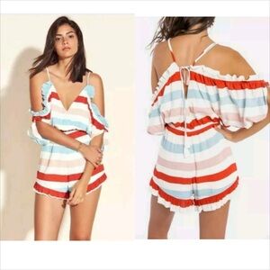 Lovers and Friends Malia Ruffled Cold Shoulder  Striped Romper